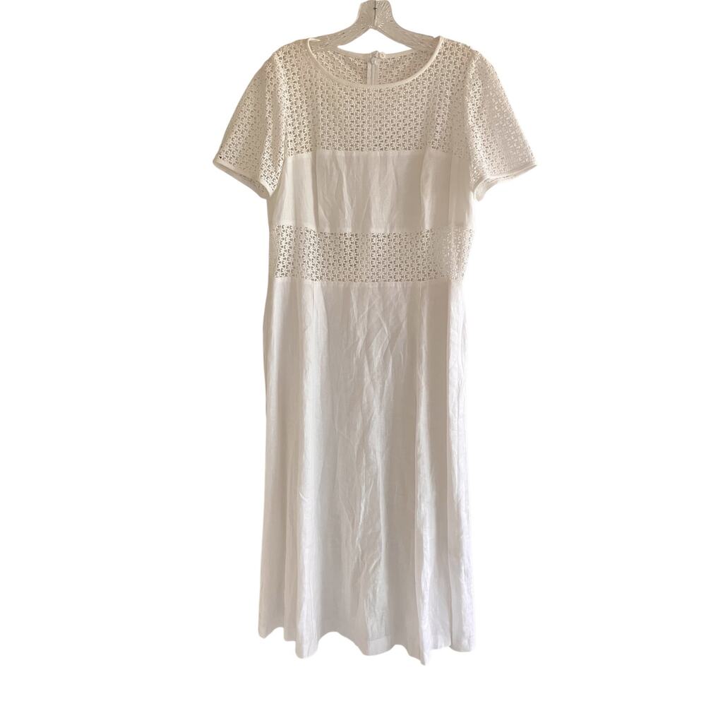 Escada Margaretha Ley 100% Linen Dress Midi Short Sleeve Crochet Back Zip 42